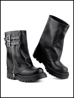 Fold Over Mid Calf Moto Combat Boots Faux Leather Platform